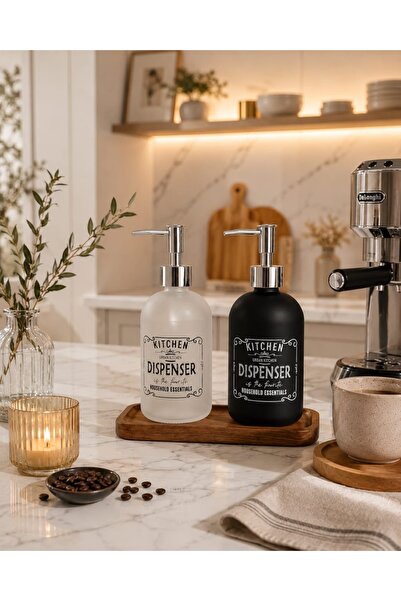 Trend Home Life طقم موزع صابون سائل زجاجي أبيض وأسود مع حامل خشبي - طقم من قط...