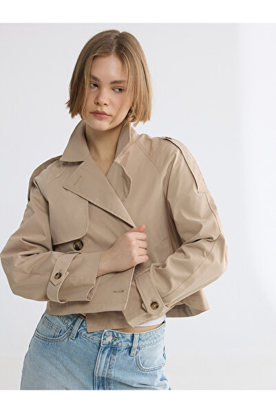 LC Waikiki Double-Breasted Roba Collar Crop Women's Trench Coat from Uzg Stor...