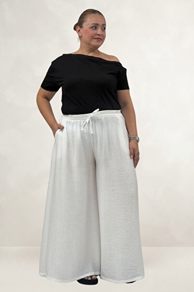 Eslina 69009 Plus Size Double Tensel Trouser Skirt with Elastic Waist - Ecru