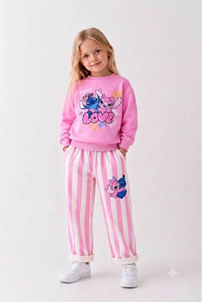 YİGİT BUTİK Girl's Character Printed Striped Tracksuit Set 2-Piece Cotton Sea...