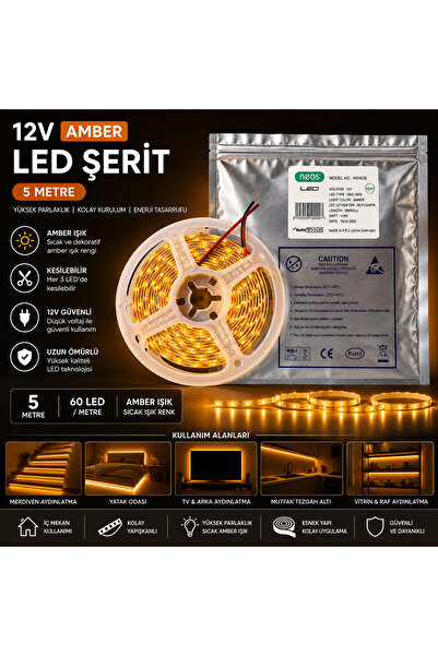 Neos 12V Amber Işık Şerit LED 5 Metre - Sıcak Kehribar (Metrede 60 LED) SMD 2...