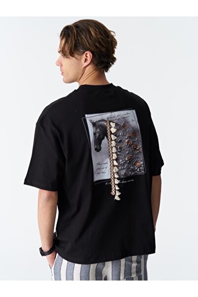 SHANBERWEAR Püsküllü At Baskılı & Nakışlı Oversize Erkek Tişört %100 Pamuk Bi...