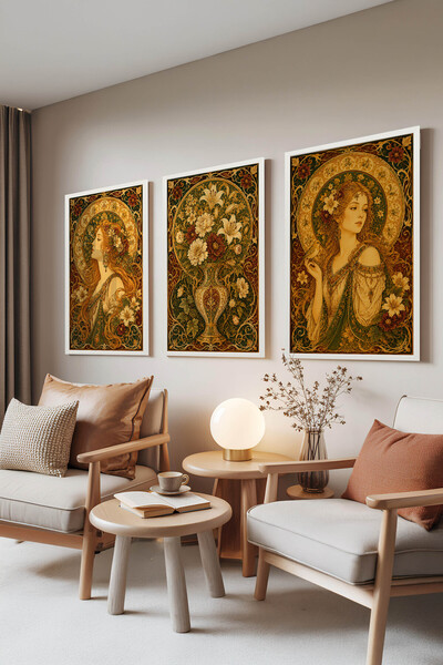 Zestia Set de 3 tablouri cu ramă albă, Set portret feminin Art Nouveau Nr.: 3...