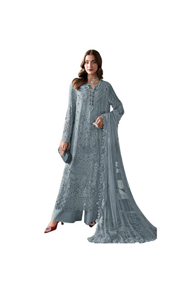 MYSMAR Gray Faux Georgette Top Pant & Dupatta - FFT6819-Gray-Size:XL-42-Inches