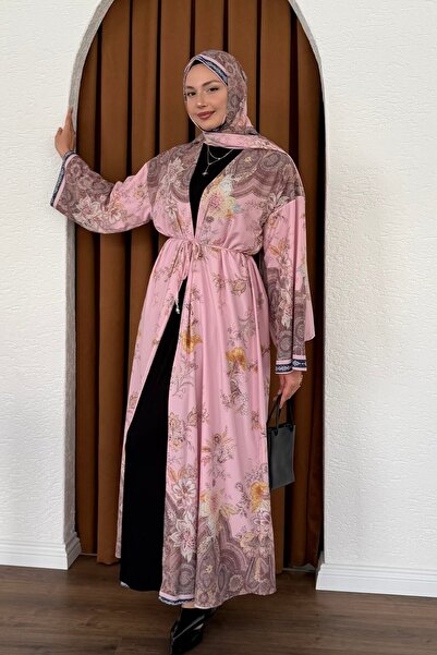 Modaensarbutik Şallı Fularlı Empirme Desenli Uzun Kimono-PEMBE