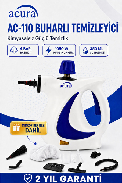 Acura AC-110 Buharlı Temizleyici – 4 Bar, 1050 W, 9 Parça Aksesuar ve Mikrofi...