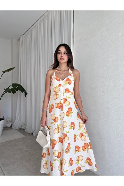 Mooi Butik Orange Midi Dress 8456 - White