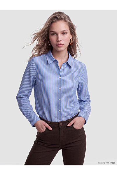 LC Waikiki Blue Striped Cotton Women's Shirt