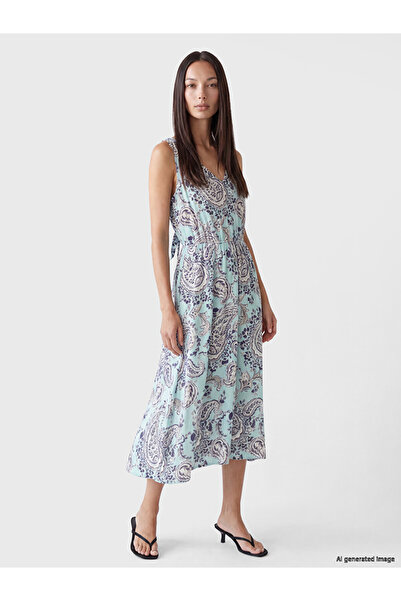 LC Waikiki Green V-Neck Patterned Waist-Slit Dress