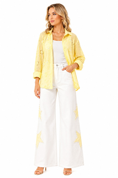 Generic Brand Imported Star Appliqué Pearl Detailed Wide Leg White Jean Trousers