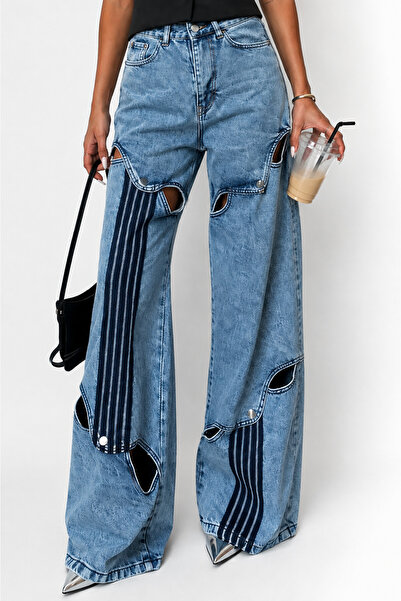 GAMZE ALPTEKİN Premium Design High Waist Wide Leg Denim Jean Trousers with Cu...