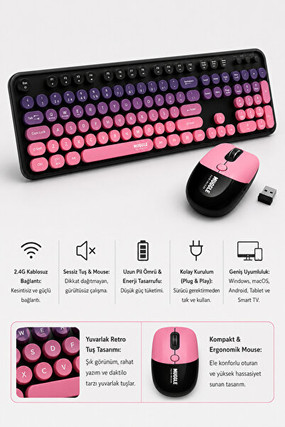 MUGGLE Kablosuz Klavye Mouse Seti - Daktilo Tarzı Yuvarlak Tuşlu Türkçe Q Kla...