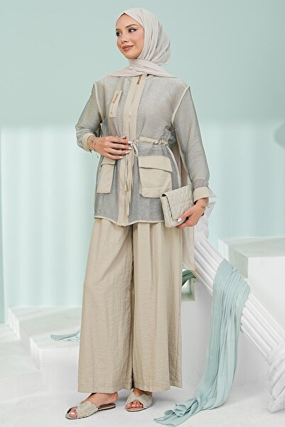 İmajButik Stone Waist Tied Underwear Jacket and Trousers 3-Piece Set