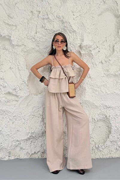 NEW STATION Women's Cotton Muslin Fabric Strap Top and Palazzo Pants Design D...