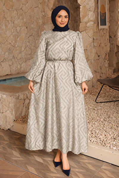 İmajButik Stone Balloon Sleeve Belted Dress