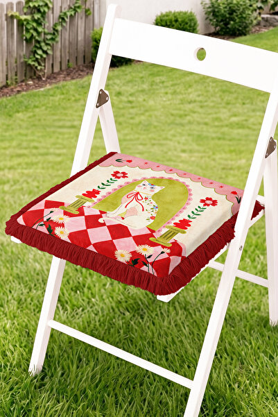 Realhomes Picnic Checkered Floral Cat Figured Fringed Zippered Chair Cushion ...