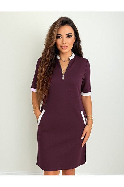 Efnaz style Women's Short Sleeve V-Neck Zipper Pocket Side Slit Viscose Dress