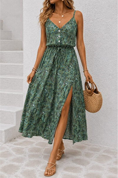 Generic Brand فستان نسائي طويل منفرد مع أشرطة IP وياقة على شكل V وأزرار مزخرفة
