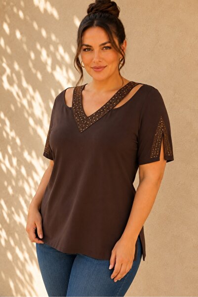 FOR ESRA BIG TREND Women's Low-Cut Shoulder Cut-Out Sleeve Stone Detail V-Nec...