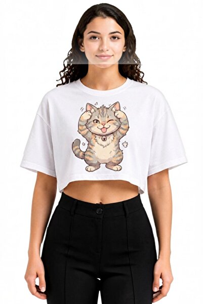 Kedi tasarımlı crop