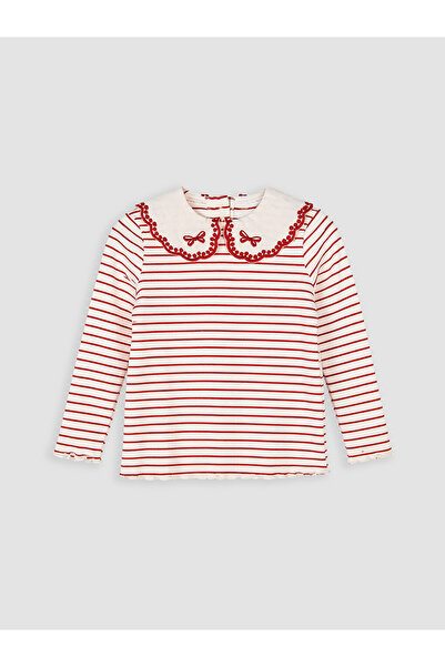 LC Waikiki Ecru Baby Collar Striped Baby Girl T-Shirt