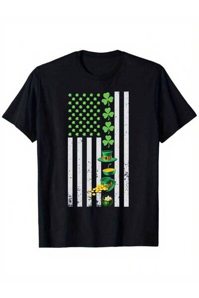 KYMC07 St Patricks Day American Flag T Shirt With Leprechaun Hat Clover Print...
