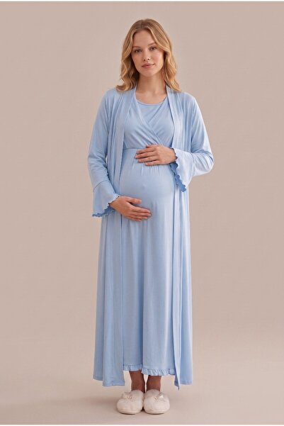 LOHOUSE Women's Blue Double-Breasted Collar Maternity Nightgown Set with Nurs...