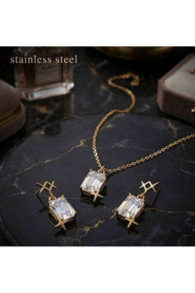 stainless steell gold renk baget taş çelik kolye küpe set