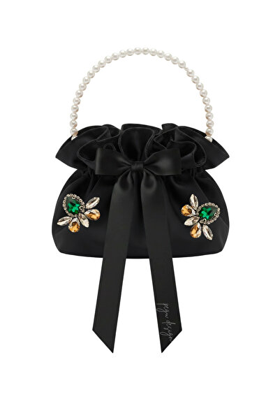 pegu baby collection Black Cotton Satin Bag, with Crystal Glass Stone Decorat...