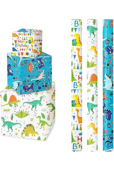 AZONEE Happy Birthday Dinosaur Wrapping Paper - 3 Rolls 17” x 120” with Dinos...