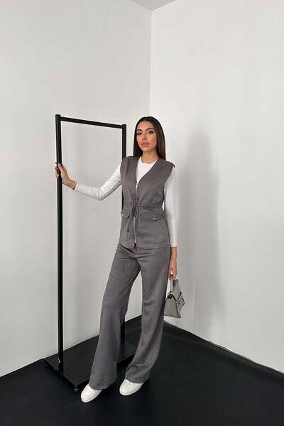 Clothes Fast Women's Gray Suede Vest Pants Set Zippered Lace-Up Wide Leg Pant...