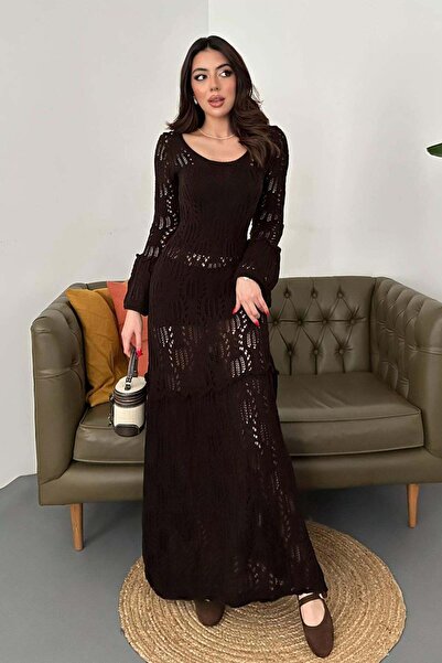 Clothes Fast Γυναικείο καφέ μάξι πλεκτό φόρεμα με διάτρητο σχέδιο πλεξίματος,...
