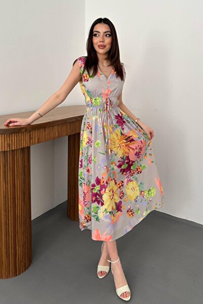 Clothes Fast Women's Blue Floral Patterned V-Neck Waist-Tie Backless Midi Dress