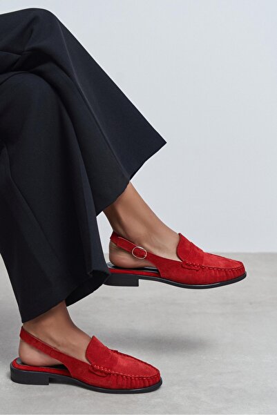 NİŞANTAŞI SHOES Tosky Red Suede Belt Detailed Flat Sole Women's Loafer Sandals