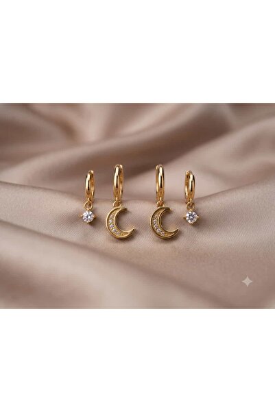 Çelik Luna Charm Zirkon Taşlı Gold Küpe