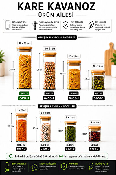 Karçiçeği Home 6’lı 1600 ML Kare Borosilikat Cam Saklama Kavanozu – Vakumlu Bambu Kapaklı – 10 × 21 cm - 8458-1