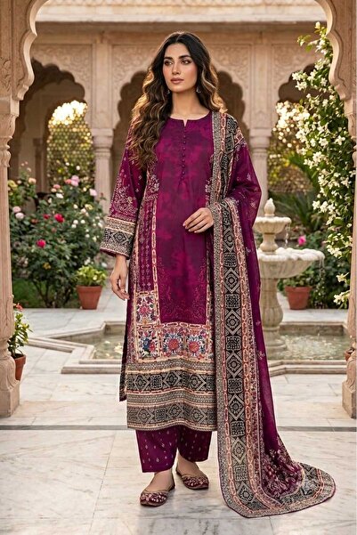 Bazm-A Fashion Atelier Breeze Maron Kurti/Kaftan/Trouser/3 pcs set