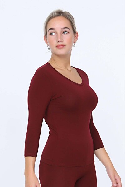 OBJE Women's Burgundy Combed Modal V-Neck Capri Sleeve Bodysuit