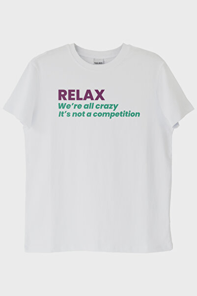 lofux Relax Minimal Printed White T-Shirt with Message