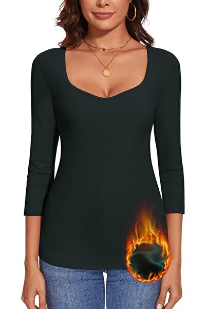 Dotail Women's Thermal Blouse, 3/4-Sleeve, Heart-Shaped Neckline, Size L, 90%...