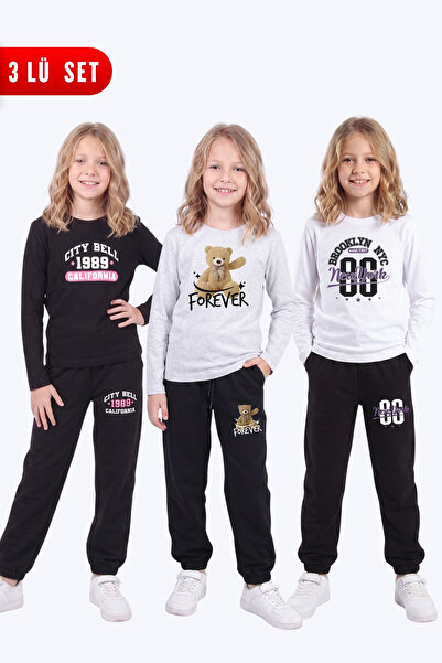 FYK KİDS Girl's 3-Piece Printed Long Sleeve Single Jersey Tracksuit Set