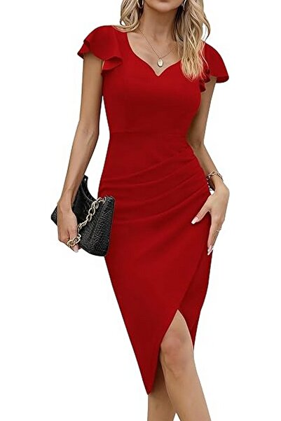 MISSUFE Women's cocktail dress, midi, elegant, fitted, vintage, with ruffles,...