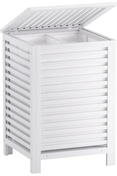 OEM Coș de rufe cu capac, mare, din bambus, elegant, alb, 47x47x65 cm