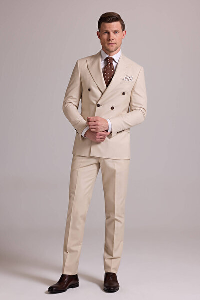 Ysf Erkek Krem Slim Fit Kruvaze Yün Takım Elbise
