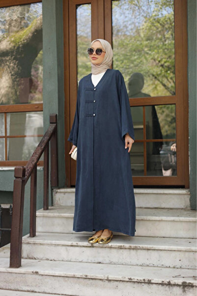 DEFNECE BUTİK Boydan Çıtçıtlı Abaya - Lacivert