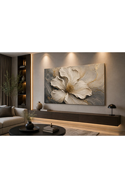 EvimeTablo Modern Beyaz Çiçek Kanvas Tablo – Gold Detaylı Soyut Çiçek Desenli...