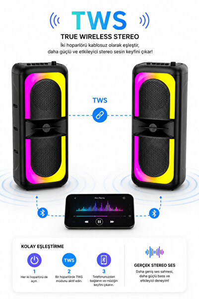 Omaze Bluetooth Hoparlör Karaoke Kablolu Mikrofonlu Taşınabilir RGB Işıklı Şarjlı TWS Stereo Ses Sistemi