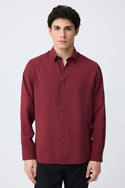 Tween Slim Fit Bordo Düz Modal Karışımlı Gömlek