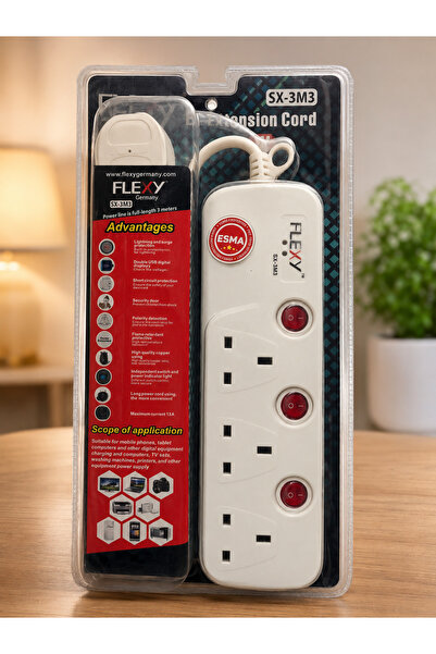 flexy 3-Socket Extension Cord with Independent Switches, 3-Meter Cable & Safe...