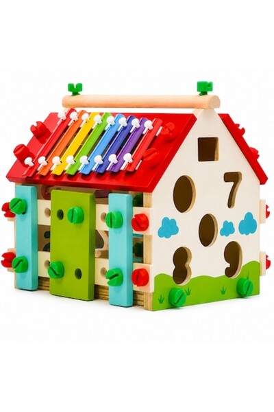KRUZZEL Căsuță educativă din lemn, Sortator de forme, Bancă cu ciocan și bile...
